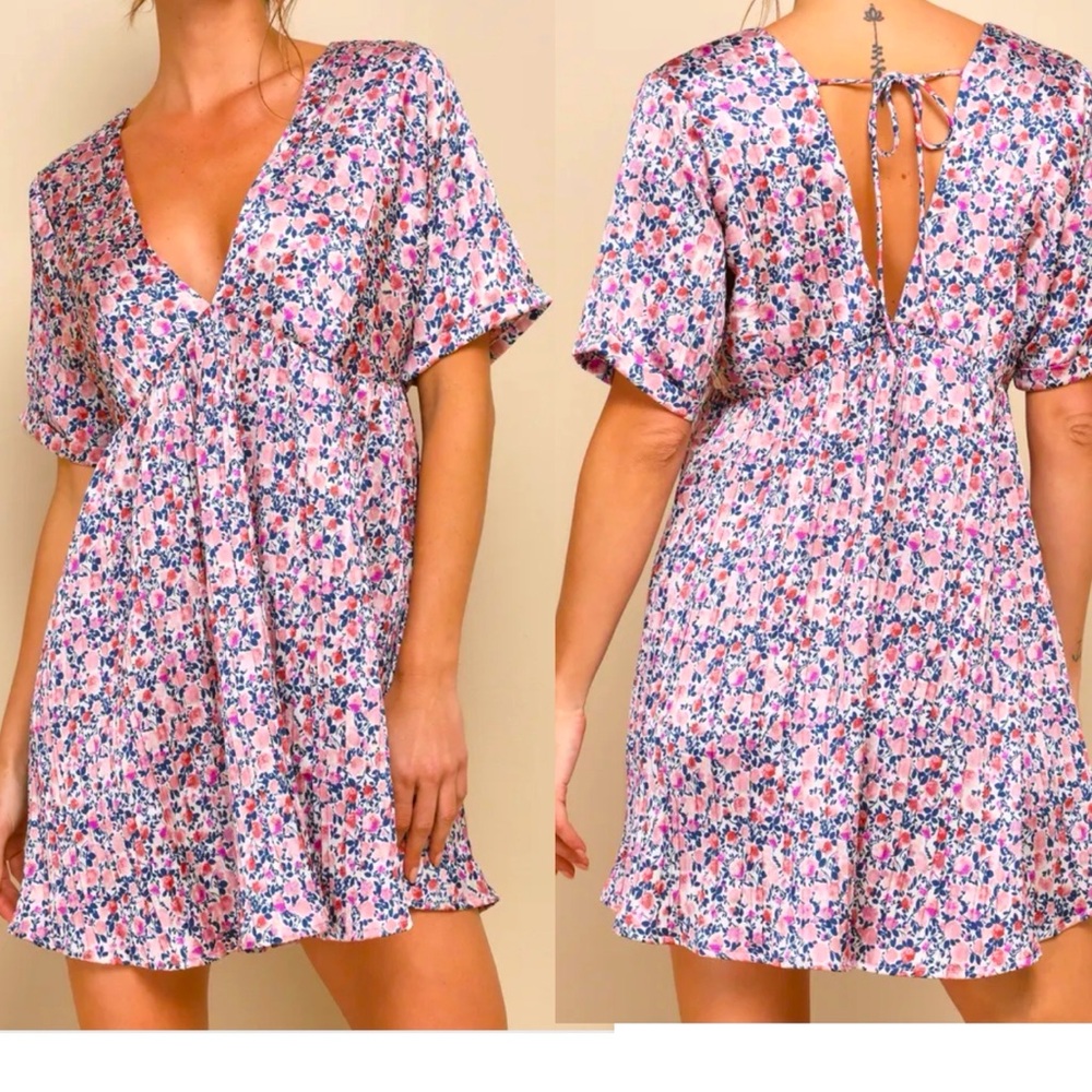 Lulu's Pink Floral V-Neck Tie-Back Mini Dress